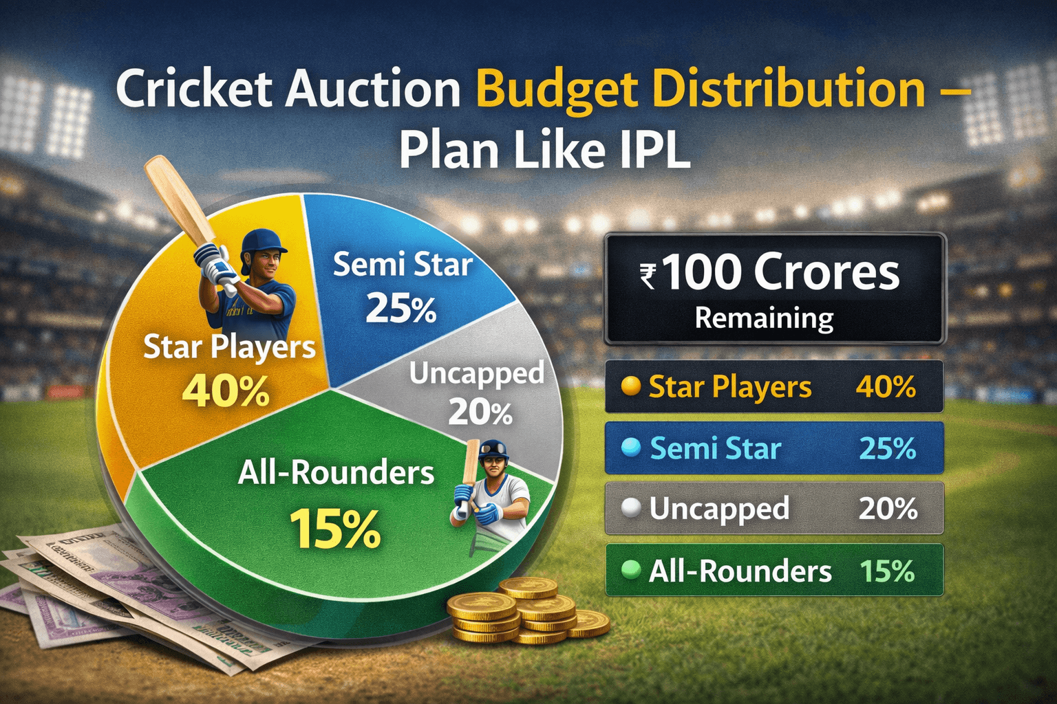 Cricket auction purse planning dashboard with grade-wise budget distribution