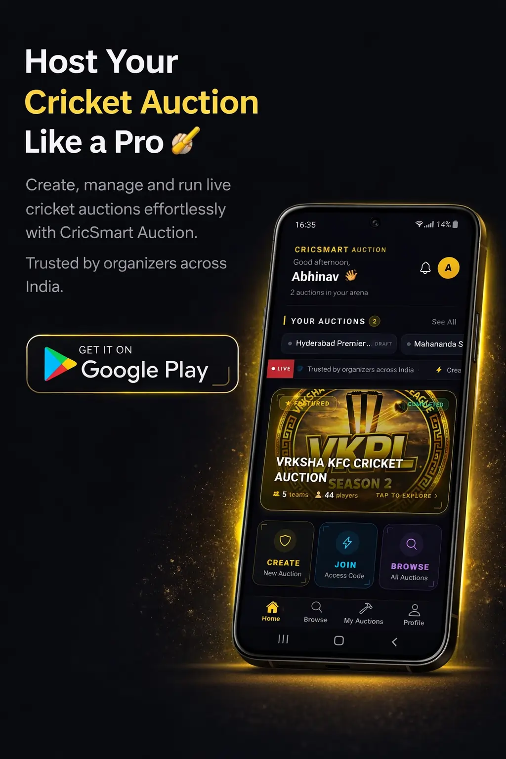 CricSmart Auction Android app showing live cricket auction with real-time bidding